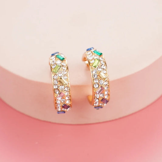 C-Shaped Colorful Zircon Hoop Earrings - Luxury Crystal Geometric Jewelry for Women