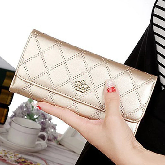 Black Diamond Pattern Long Wallet for Women - PU Leather Crown Buckle Clutch with Card Holder & Phone Pocket