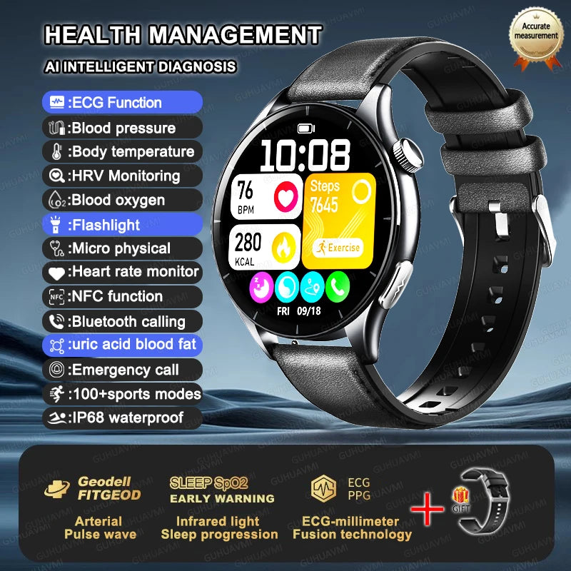Premium NFC Health Smartwatch - ECG & PPG Monitoring, Blood Pressure, Blood Oxygen, Uric Acid Analysis, Men & Women
