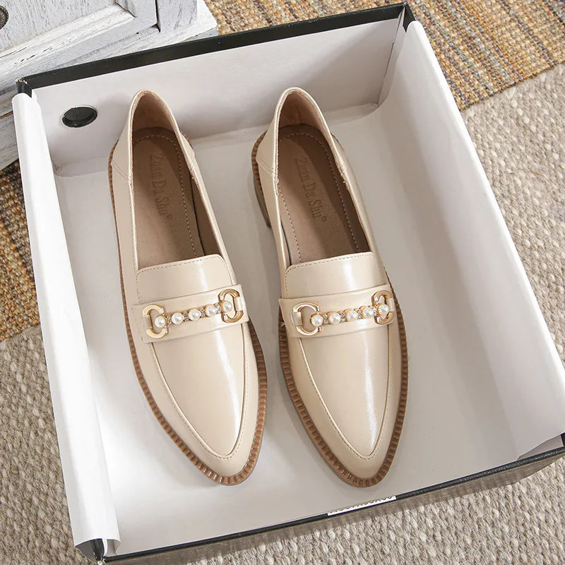 Women’s Autumn Flats & Oxfords - Pointed Toe Loafers with Fur, Casual Leather Sneakers