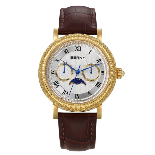 BERNY Men’s Luxury Dress Watch - Gold Quartz Moon Phase Timepiece, Sapphire Crystal, Business & Formal Wristwatch