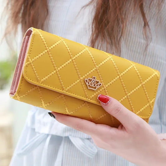 Black Diamond Pattern Long Wallet for Women - PU Leather Crown Buckle Clutch with Card Holder & Phone Pocket