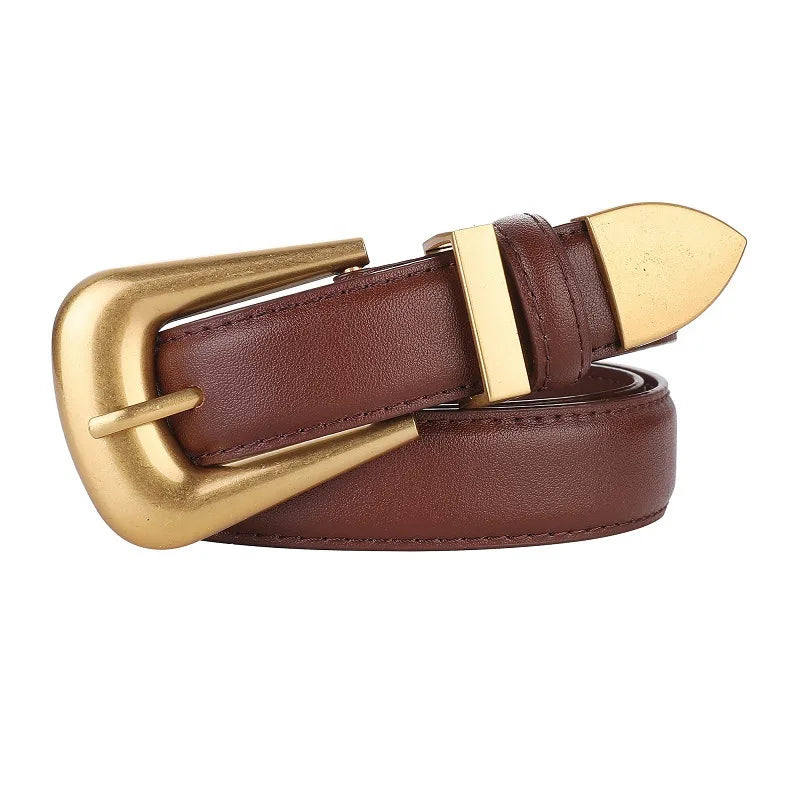 Women’s Genuine Burgundy Leather Belt - Gold Metal Buckle, Luxury Casual Strap for Jeans & Dresses