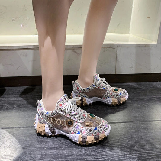 Women’s Designer Mesh Sneakers - Luxury Diamond Sports Shoes, Breathable Casual Thick-Soled Shoes