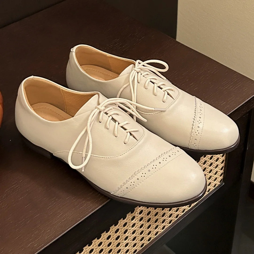 Women’s Cow Leather Carved Oxfords - British-Style Lace-Up Flats, Soft & Comfortable Espadrilles
