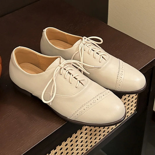 Women’s Cow Leather Carved Oxfords - British-Style Lace-Up Flats, Soft & Comfortable Espadrilles