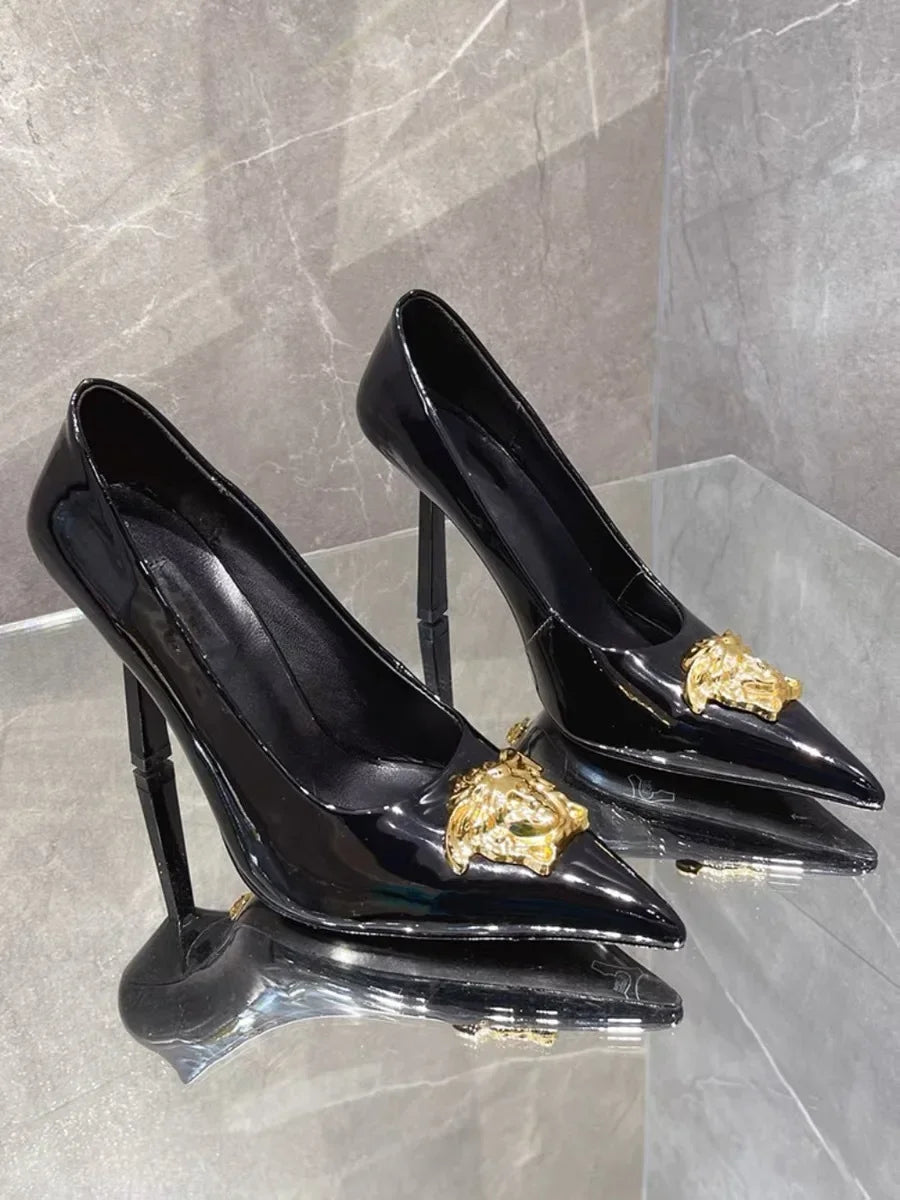 Women’s Black Pointed High Heels - European & American Style with Silk and Metal Detail