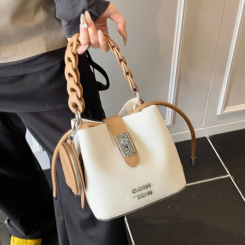 Velora Soft PU Lock Bucket Bag - Chic Shoulder & Crossbody Handbag