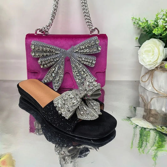 Women’s Rhinestone Flat Slippers - Peep Toe Square Toe Slip-On Sandals with Metal Decoration