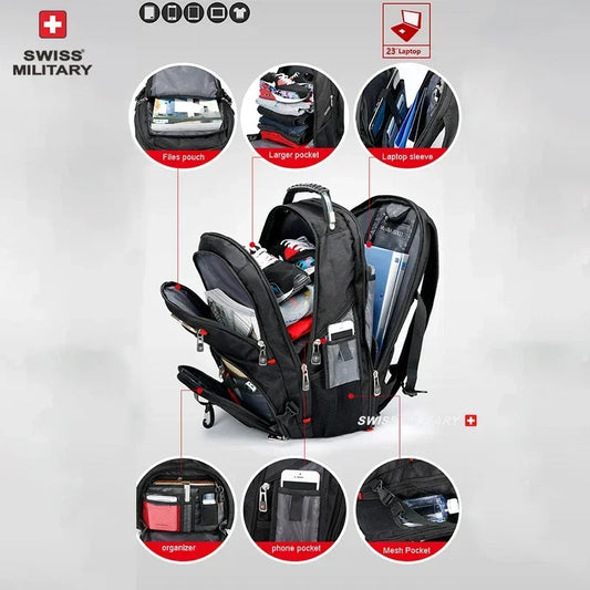 Swiss 17" Laptop Backpack - Waterproof Swiss-Style Multifunctional Travel Bag with USB Charging Port