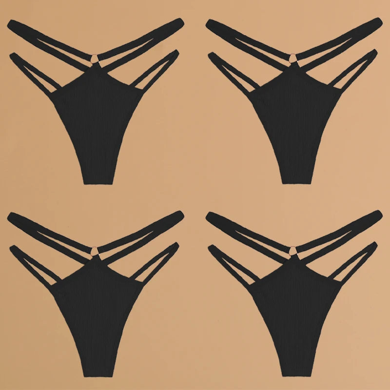 4-Piece Cotton Double-Strap Thong Set - Low-Waist Striped Panties for Women