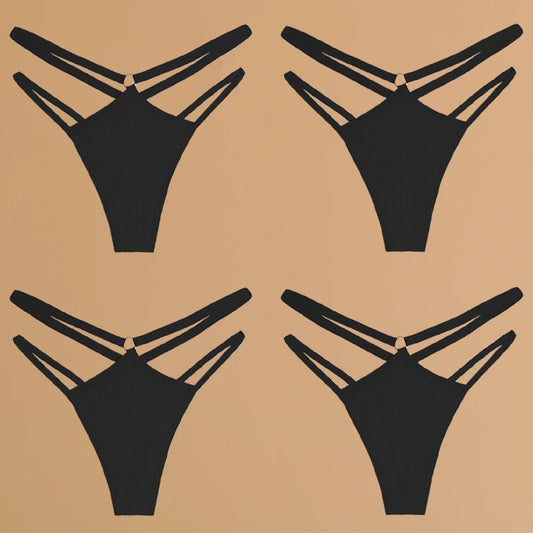 4-Piece Cotton Double-Strap Thong Set - Low-Waist Striped Panties for Women