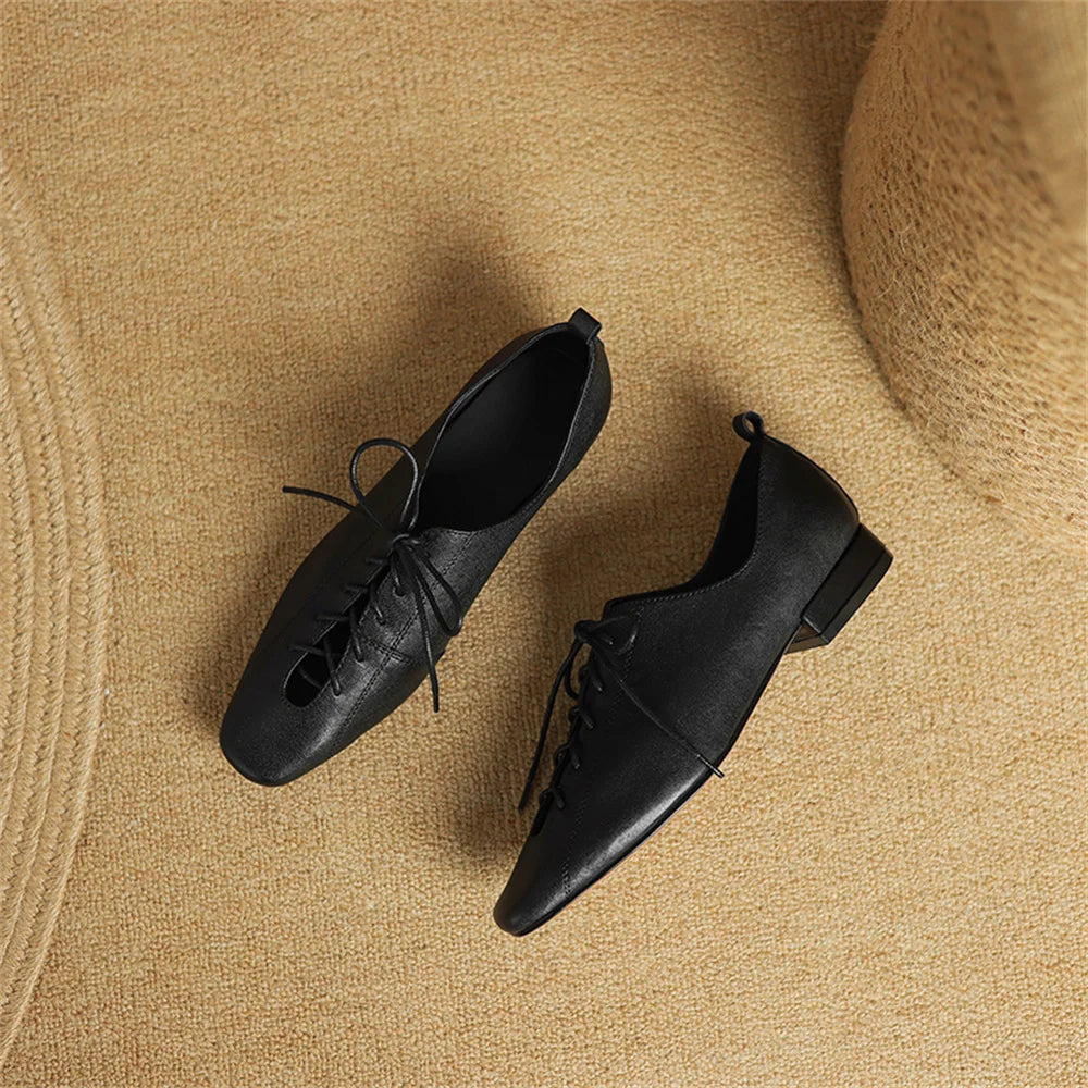 Women’s Genuine Leather Pumps - Square Toe, Low Thick Heels, Lace-Up Office & Casual Shoes