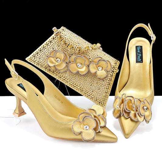 Women’s Pointed Toe Shoes & Bag Set - Floral Decoration, Elegant Party & Daily Wear