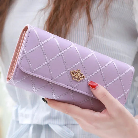 Black Diamond Pattern Long Wallet for Women - PU Leather Crown Buckle Clutch with Card Holder & Phone Pocket