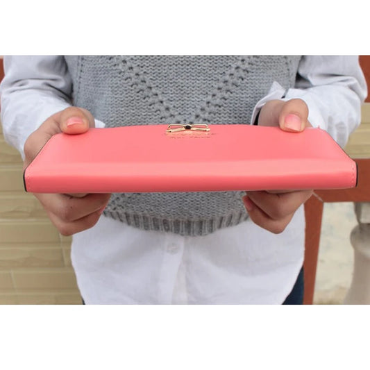 Cute Bowknot Long Wallet - PU Leather Zipper Clutch with Multi-Card Slots & Phone Pocket