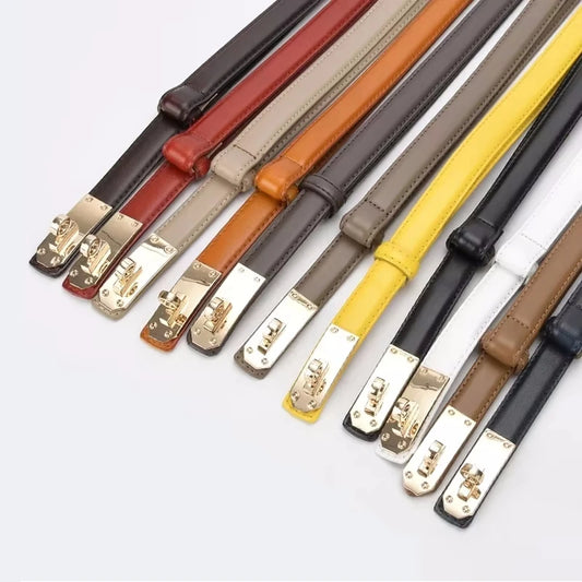 Women’s Leather Belt - Golden Metal Buckle, Luxury Casual Strap for Jeans & Dresses