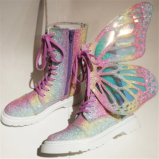 Butterfly Wings Women’s Silver Leather High-Top Sneakers – Lace-Up Ankle Boots with Platform, Latest Fashion Flats