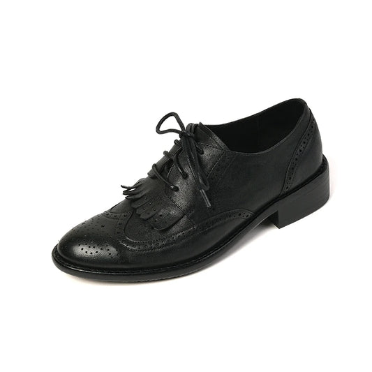 British-Style Fringe Oxfords - Vintage Cowhide Lace-Up Brogues for Women, Low Heel Flats