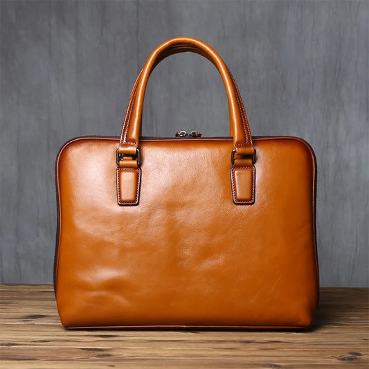 Vintage Men’s Leather Briefcase | 14-Inch Laptop Bag Top Layer Cowhide Business Shoulder & Messenger Handbag