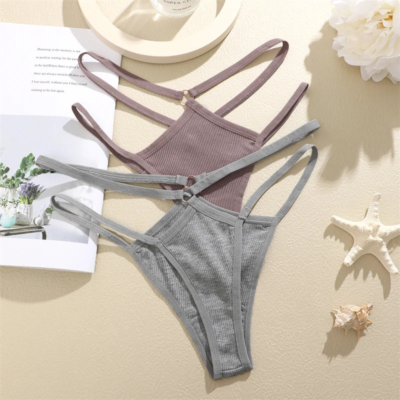 4-Piece Cotton Double-Strap Thong Set - Low-Waist Striped Panties for Women