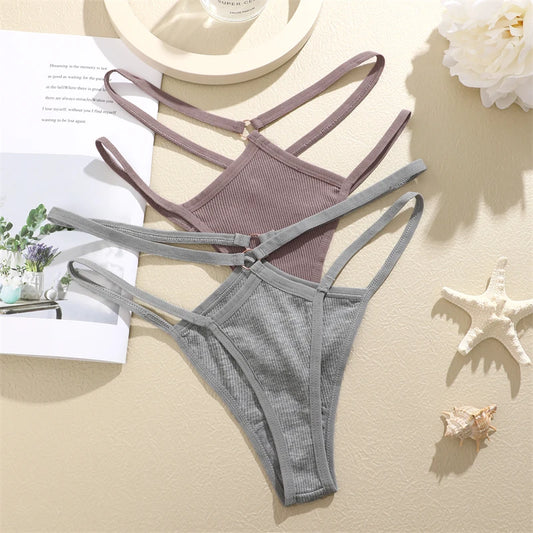 4-Piece Cotton Double-Strap Thong Set - Low-Waist Striped Panties for Women