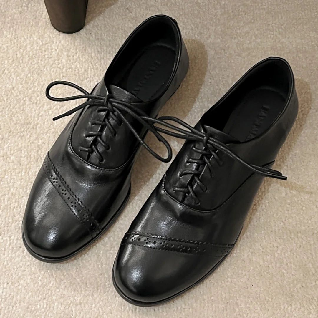 Women’s Cow Leather Carved Oxfords - British-Style Lace-Up Flats, Soft & Comfortable Espadrilles