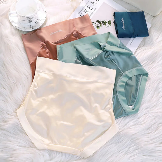 Retro High-Waist Silk Panties - Traceless Solid Color Satin Briefs for Women, Plus-Size Korean Underwear