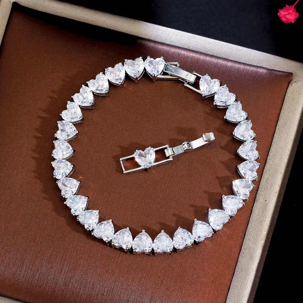 Sparkling Cubic Zirconia Love Heart Tennis Bracelet - Elegant Silver Jewelry for Women