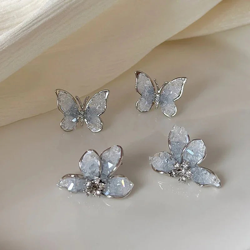 Silver Crystal Flower & Butterfly Stud Earrings - Elegant Luxury Jewelry for Women, Perfect for Weddings