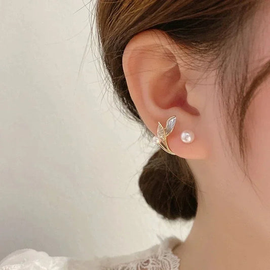 Korean Vintage Pearl & Crystal Earrings - Luxury Zircon Flower, Butterfly & Leaf Studs for Women