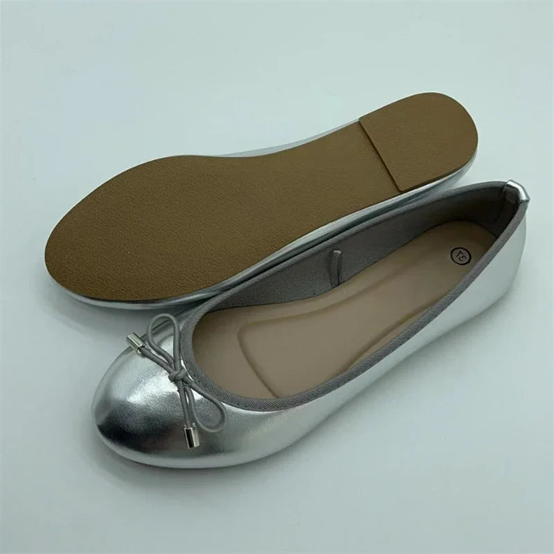 Women’s Elegant Bowknot Slip-On Flats - Gold & Silver Round-Toe Ballerina Mules