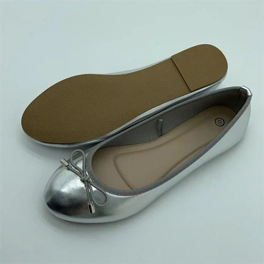 Women’s Elegant Bowknot Slip-On Flats - Gold & Silver Round-Toe Ballerina Mules