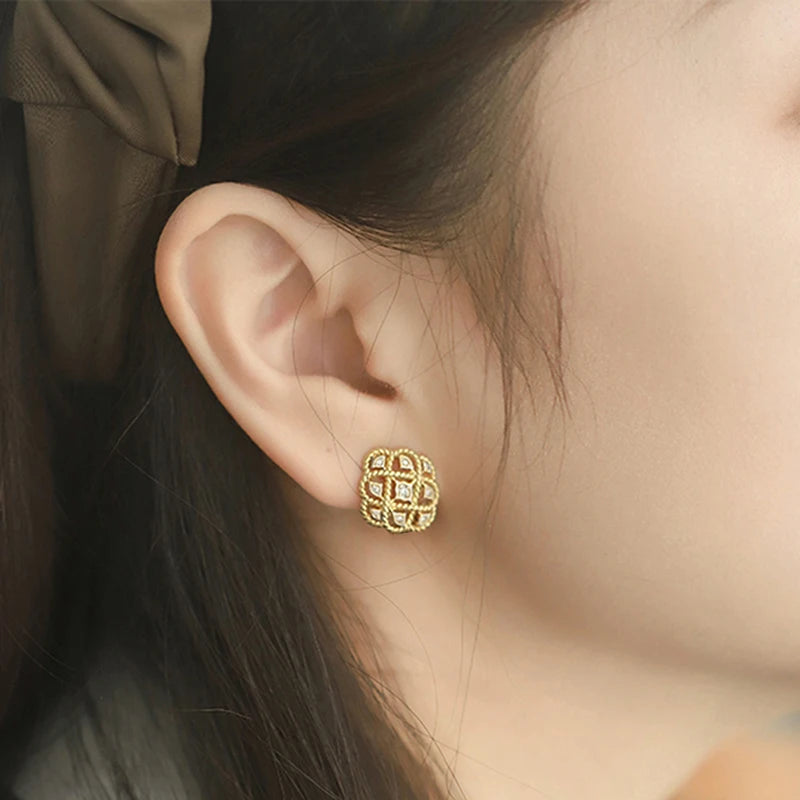 Huitan Trendy Gold Hollow Stud Earrings - Elegant Luxury Jewelry for Women, Perfect for Weddings & Parties