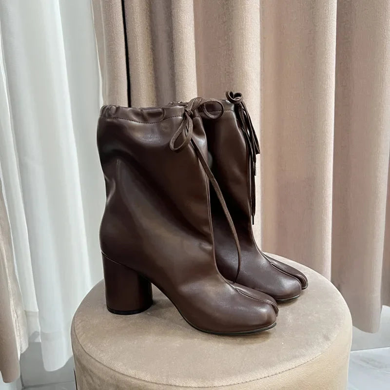 Luxury Designer Women’s Split-Toe Ankle Boots - Fashion Short Booties with Ruffle Detail & Chunky High Heel