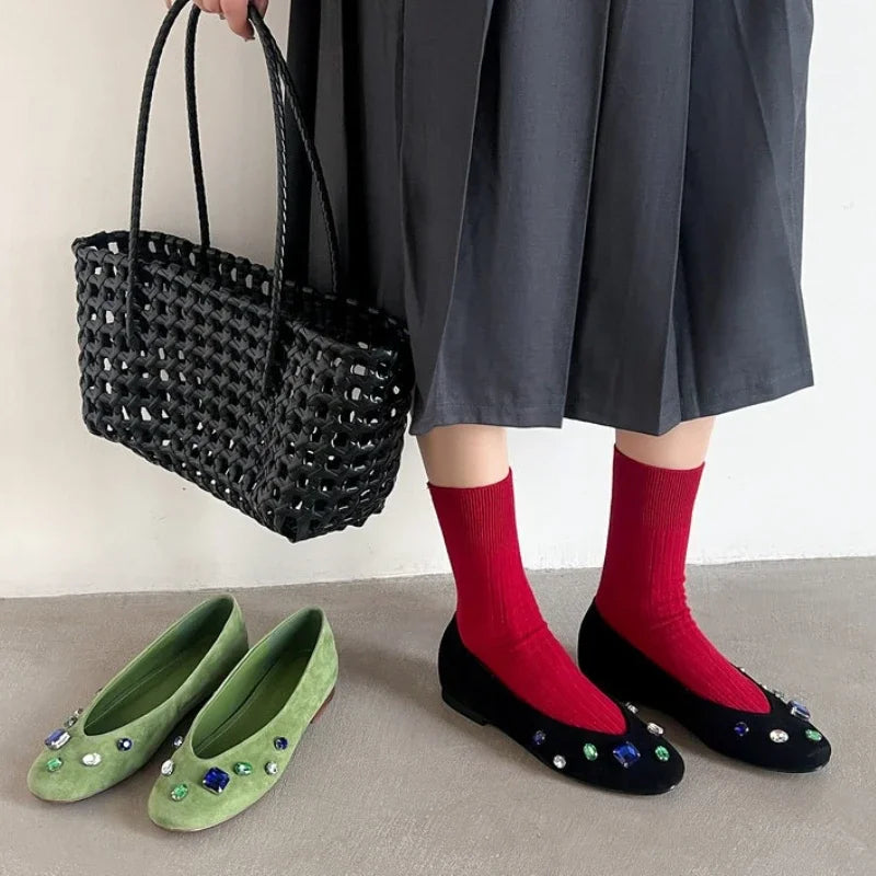 Luxury Colorful Gemstone Flats - Comfortable Round-Toe Suede Loafers for Women