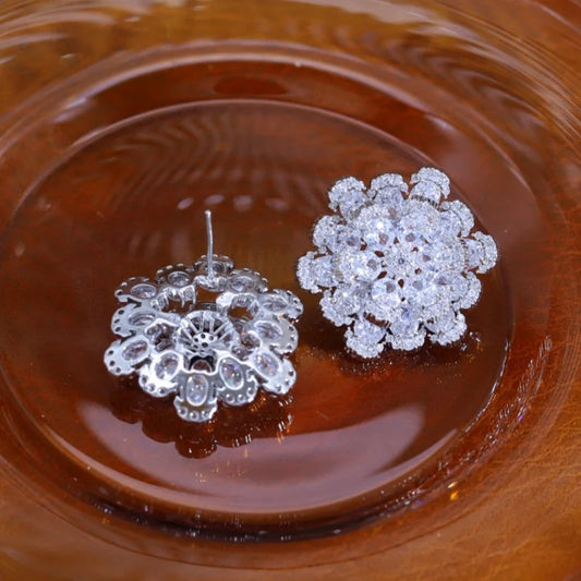 Korean 14K Gold Plated Zircon Flower Earrings - Luxury Elegant Jewelry for Women, Perfect for Weddings & Parties