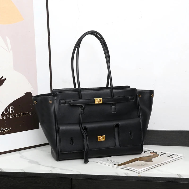 Velvara EliteLock Tote - Premium Leather & Suede Winged Shoulder Bag with Metallic Lock Accents