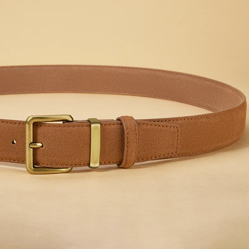 Women’s Luxury Suede Cowhide Belt - Vintage Gold Buckle, 3.5cm Wide Strap for Dresses & Jeans