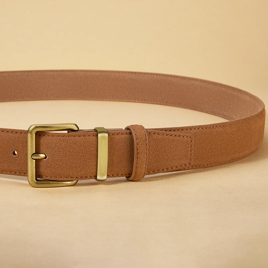 Women’s Luxury Suede Cowhide Belt - Vintage Gold Buckle, 3.5cm Wide Strap for Dresses & Jeans