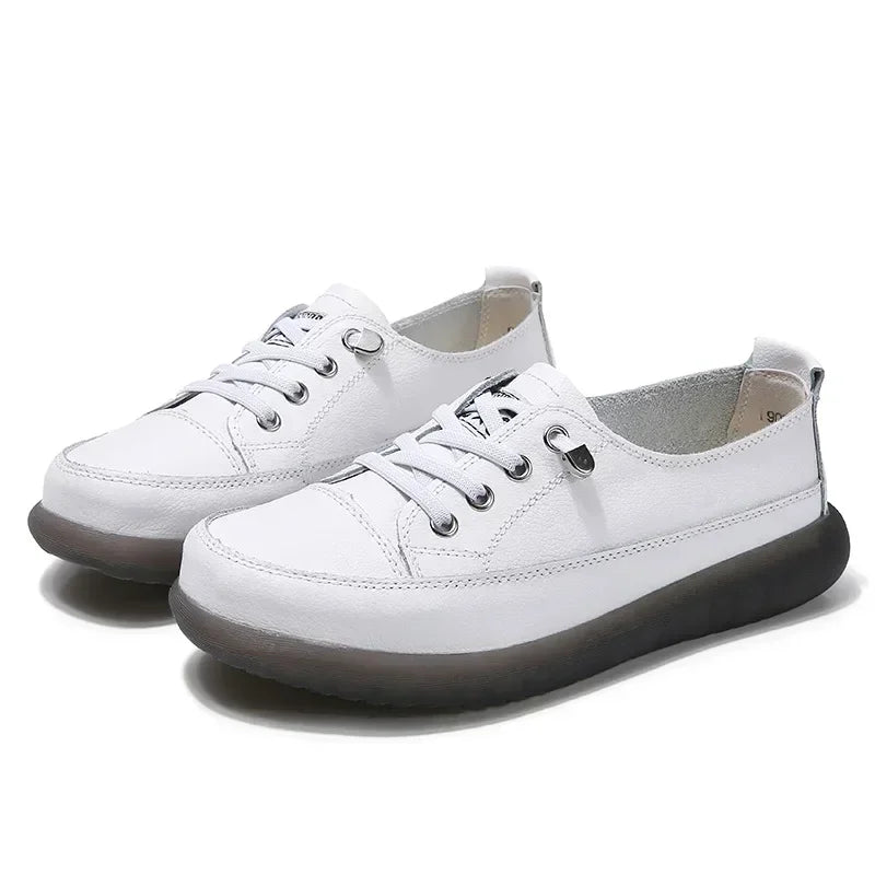 Natural Genuine Leather Flat Casual Shoes - White Lace-Up Ballet & Court Flats for Women