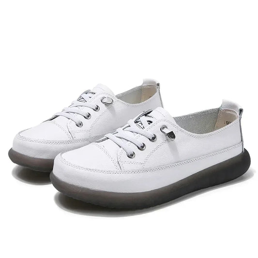 Natural Genuine Leather Flat Casual Shoes - White Lace-Up Ballet & Court Flats for Women
