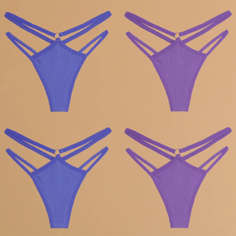 4-Piece Cotton Double-Strap Thong Set - Low-Waist Striped Panties for Women
