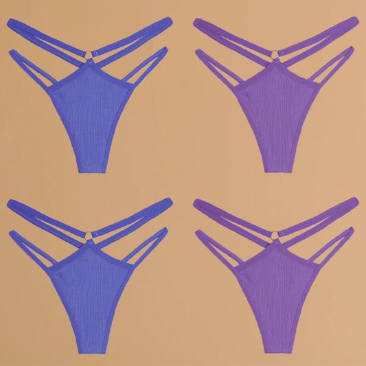 4-Piece Cotton Double-Strap Thong Set - Low-Waist Striped Panties for Women