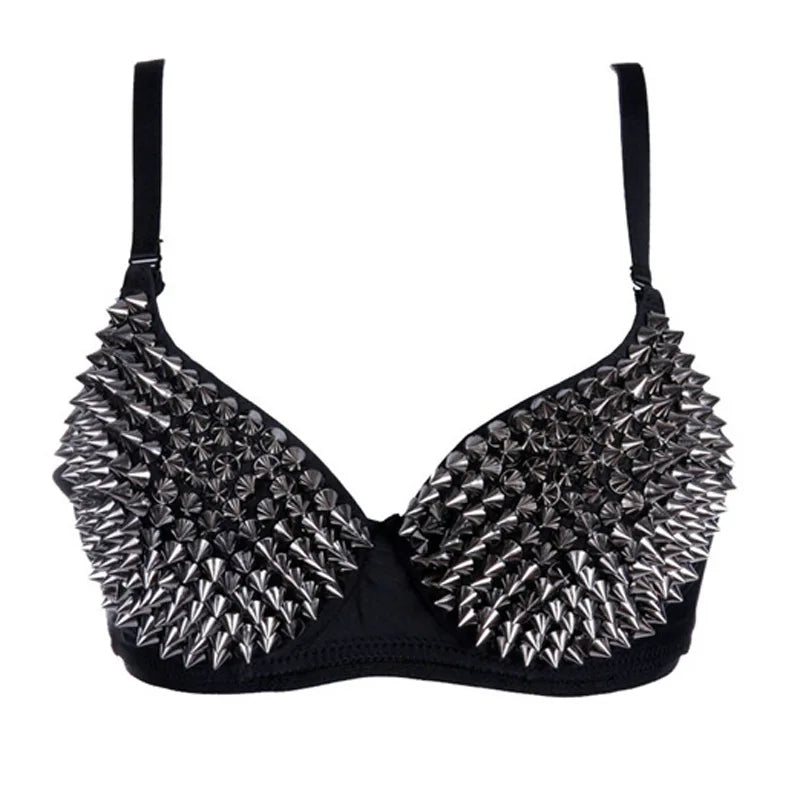 Women’s Gothic Punk Bralette - Silver Rivet Push-Up Lingerie, Nightclub & Party Bra
