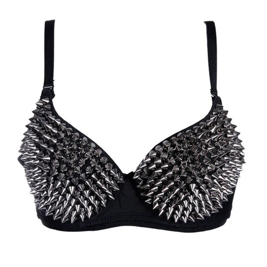 Women’s Gothic Punk Bralette - Silver Rivet Push-Up Lingerie, Nightclub & Party Bra
