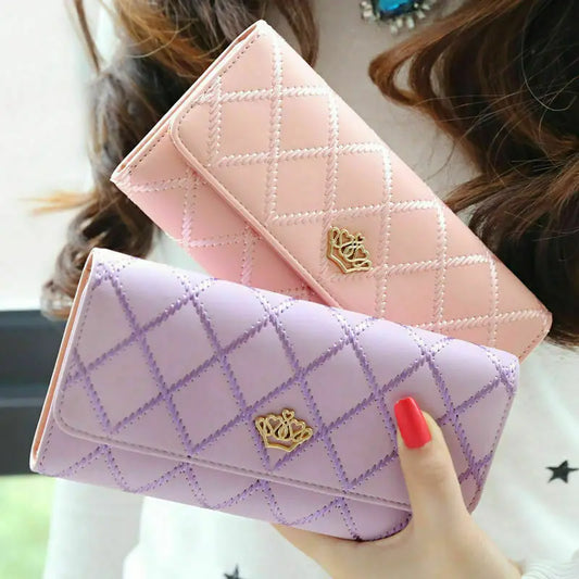 Black Diamond Pattern Long Wallet for Women - PU Leather Crown Buckle Clutch with Card Holder & Phone Pocket