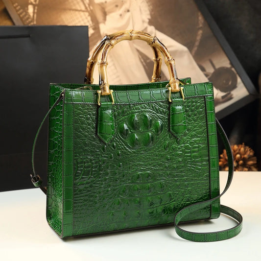 Verona Croc-Embossed Tote with Bamboo Handle - Elegant Shoulder Handbag for Women