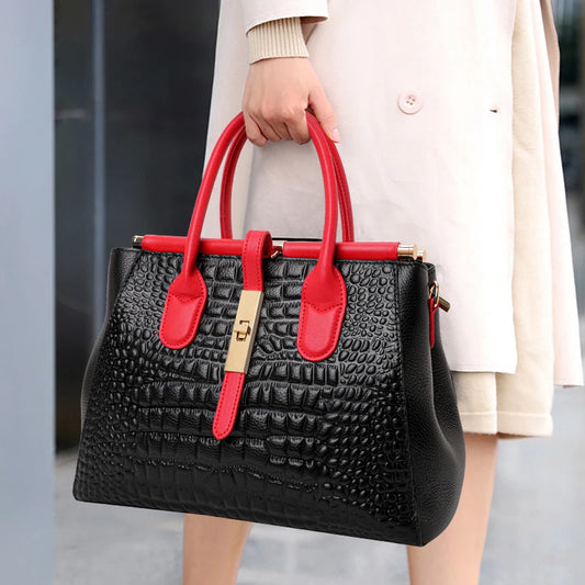 Aidrani Croco Luxe Contrast Briefcase - Genuine Leather Structured Handbag for Women