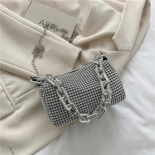 StellarSpark Crystal Ball Mini Bucket Bag - Rhinestone Chain Crossbody Glam